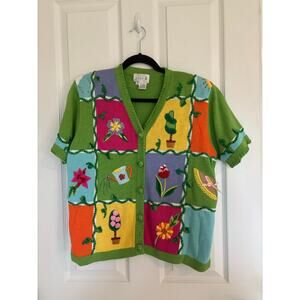Just B Vintage Short Sleeve Garden Embordered Beaded Button Front Sweater Medium